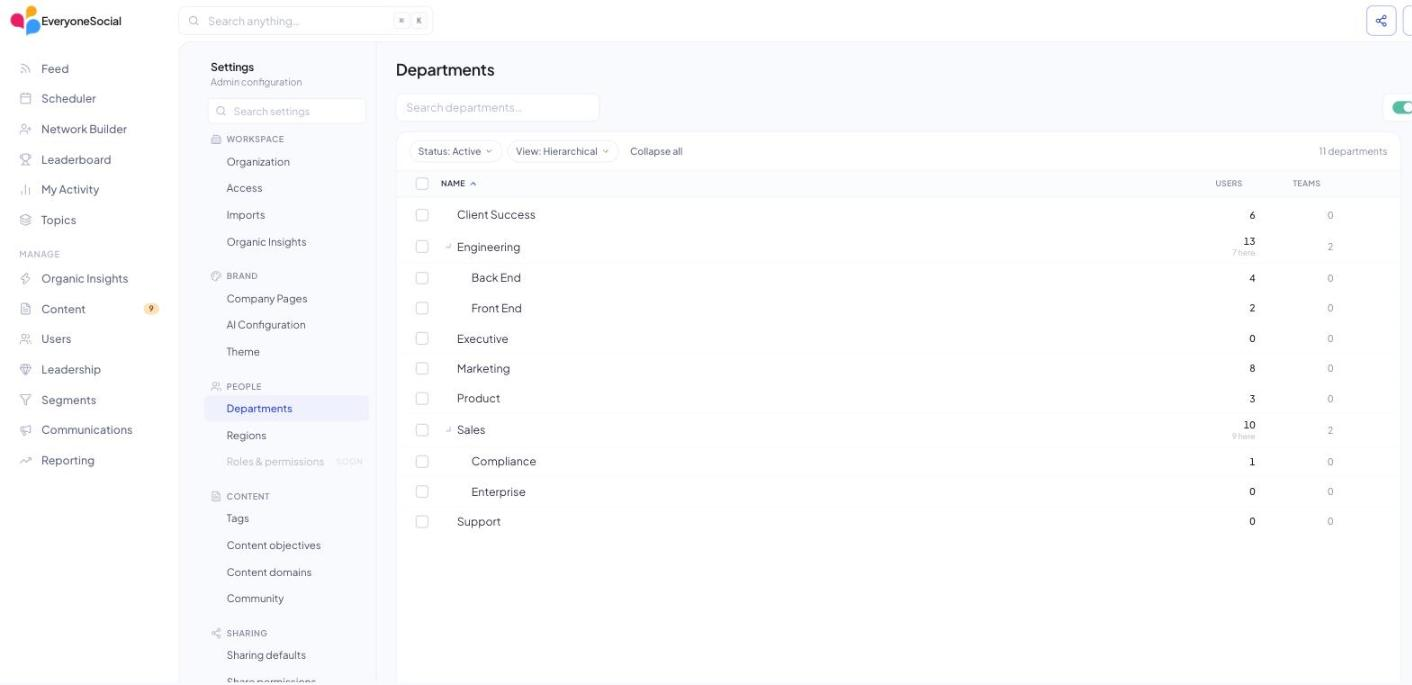 Settings › People › Departments in v3 with Engineering and Sales expanded to show child departments