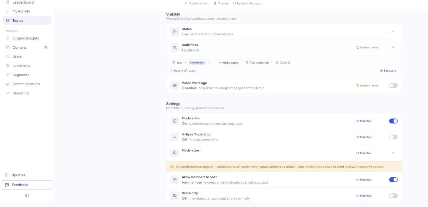 A topic's Manage page in v3 showing the Audiences row with a Suggested audience chip, and the Settings block with Moderation and Moderators