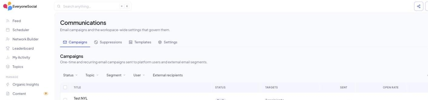 Manage › Communications in v3 with the Campaigns, Suppressions, Templates and Settings tabs