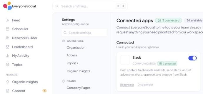 Settings › Connected apps in v3 with the Slack card connected