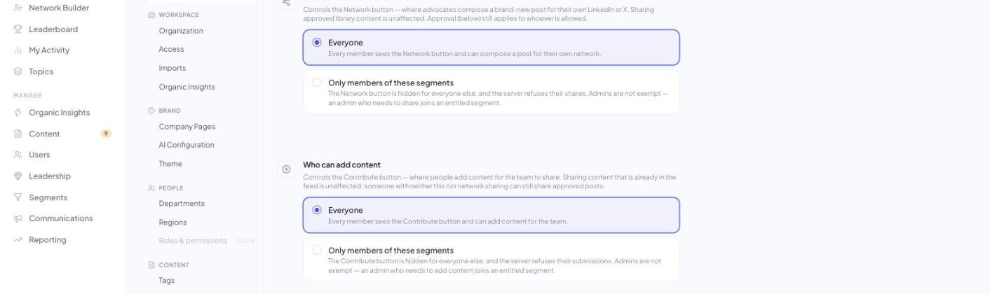 Settings › Share permissions in v3 showing Who can share to their own network with Everyone selected