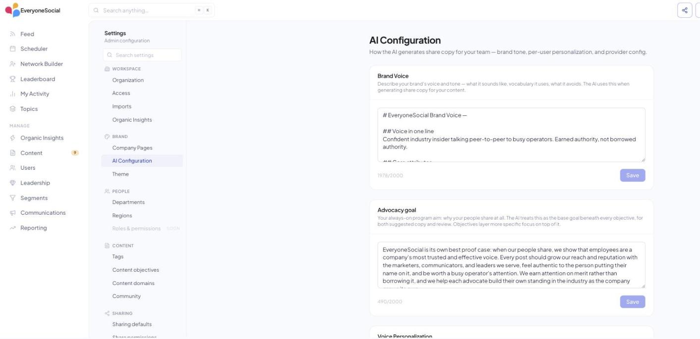 Settings › AI Configuration in v3 with the Brand Voice and Advocacy goal fields