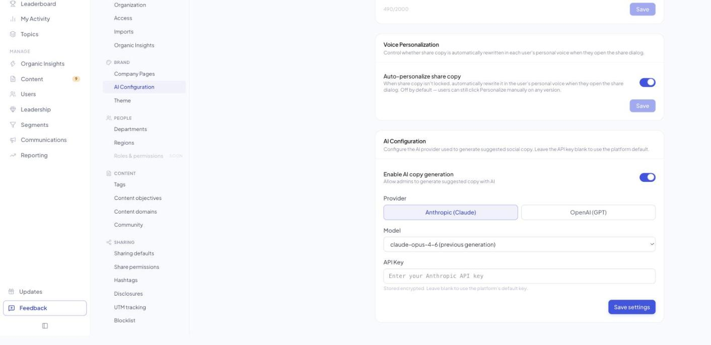 The AI Configuration card in v3 with Enable AI copy generation, Provider and Model