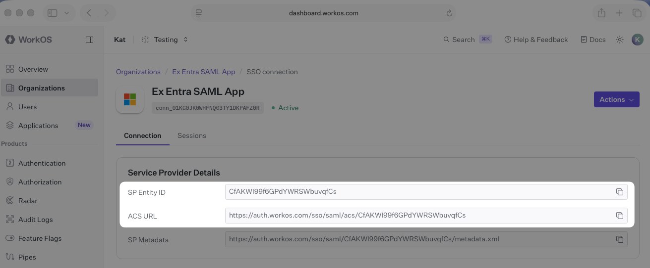 WorkOS Service Provider Details, showing the SP Entity ID and the ACS URL