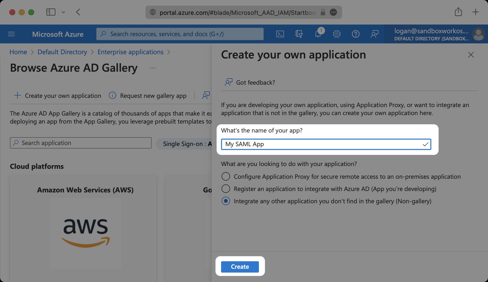 Entra ID, Create your own application, with the non-gallery option selected