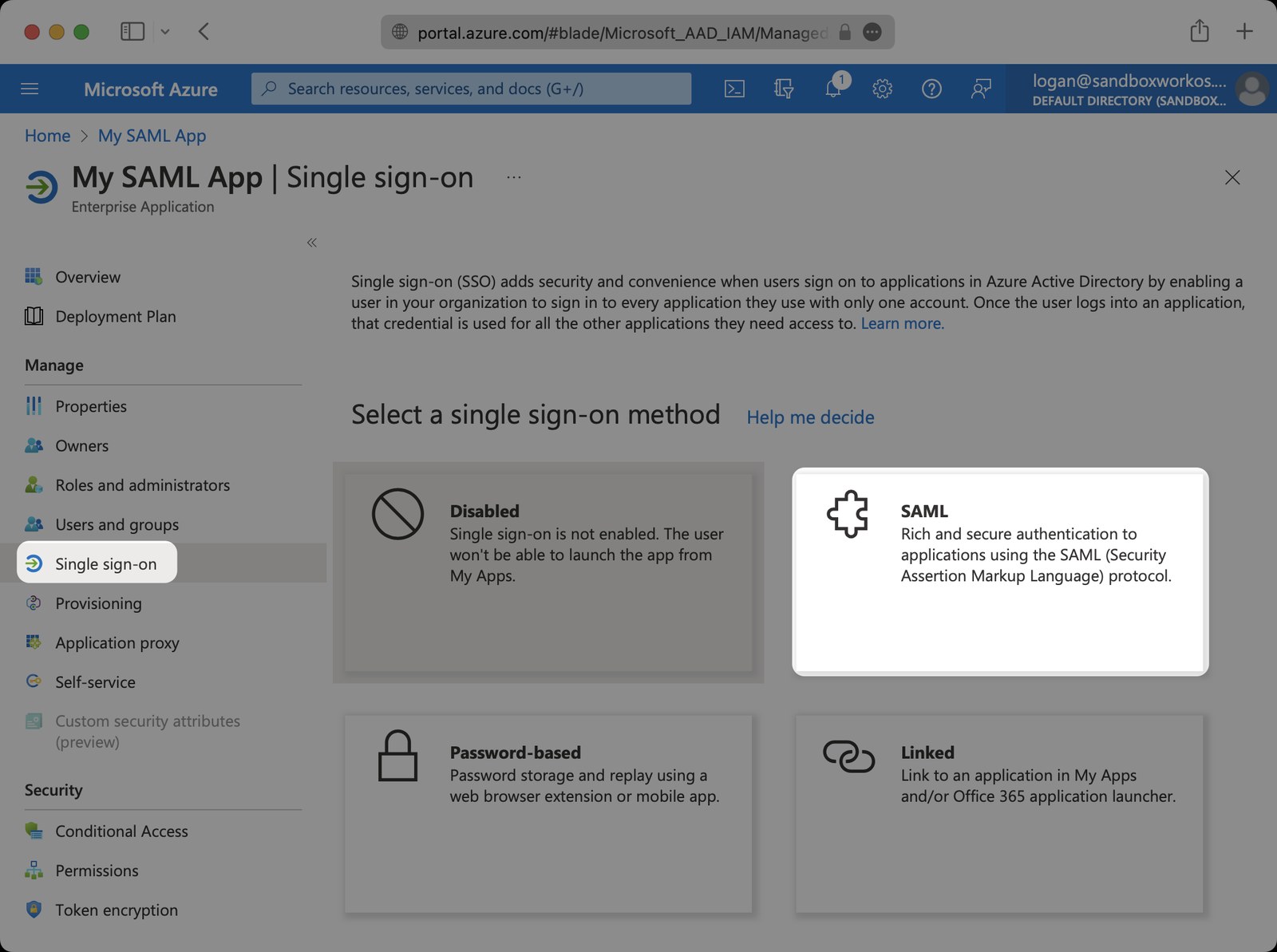 Entra ID, Select a single sign-on method, with SAML highlighted