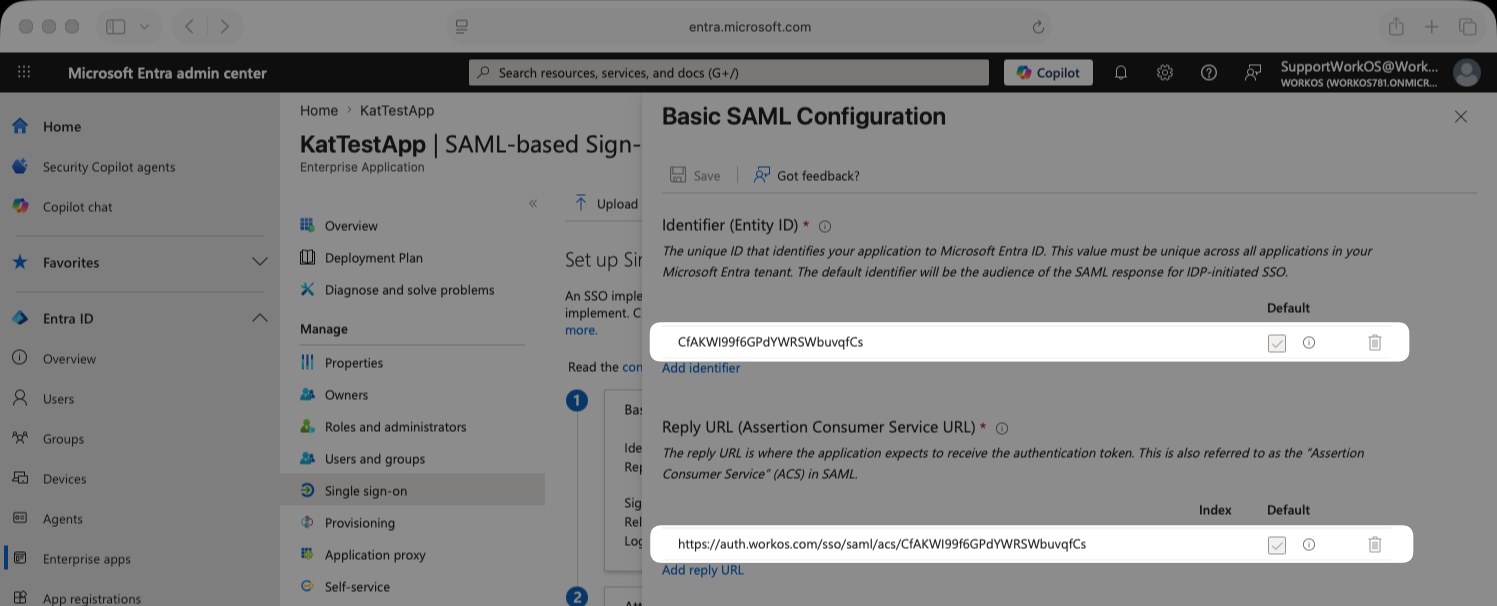 Entra ID, Basic SAML Configuration, with the Identifier and Reply URL fields