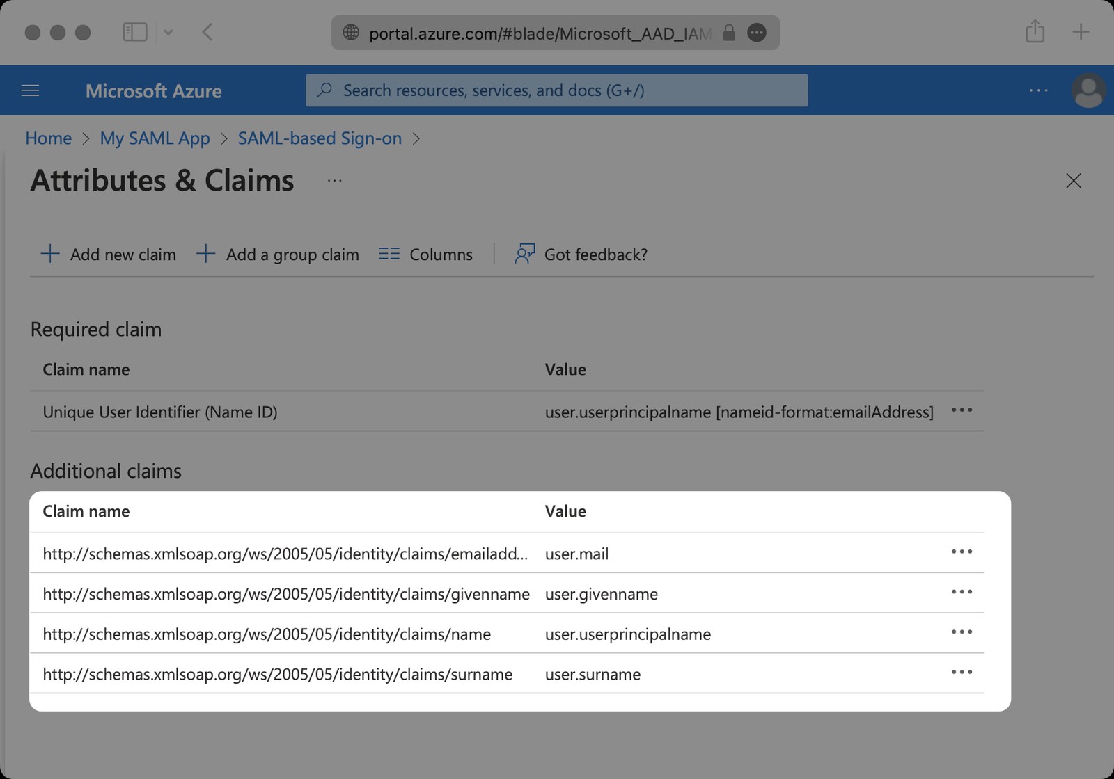 Entra ID, Attributes & Claims, showing the Name ID and the four additional claims