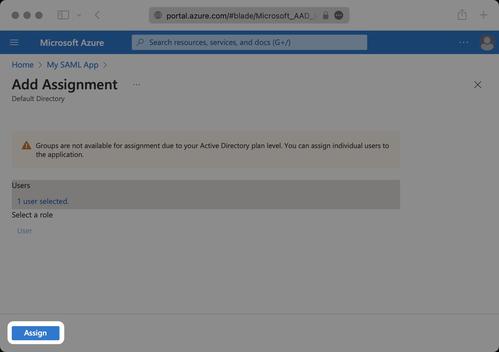Entra ID, Add Assignment, with the Assign button