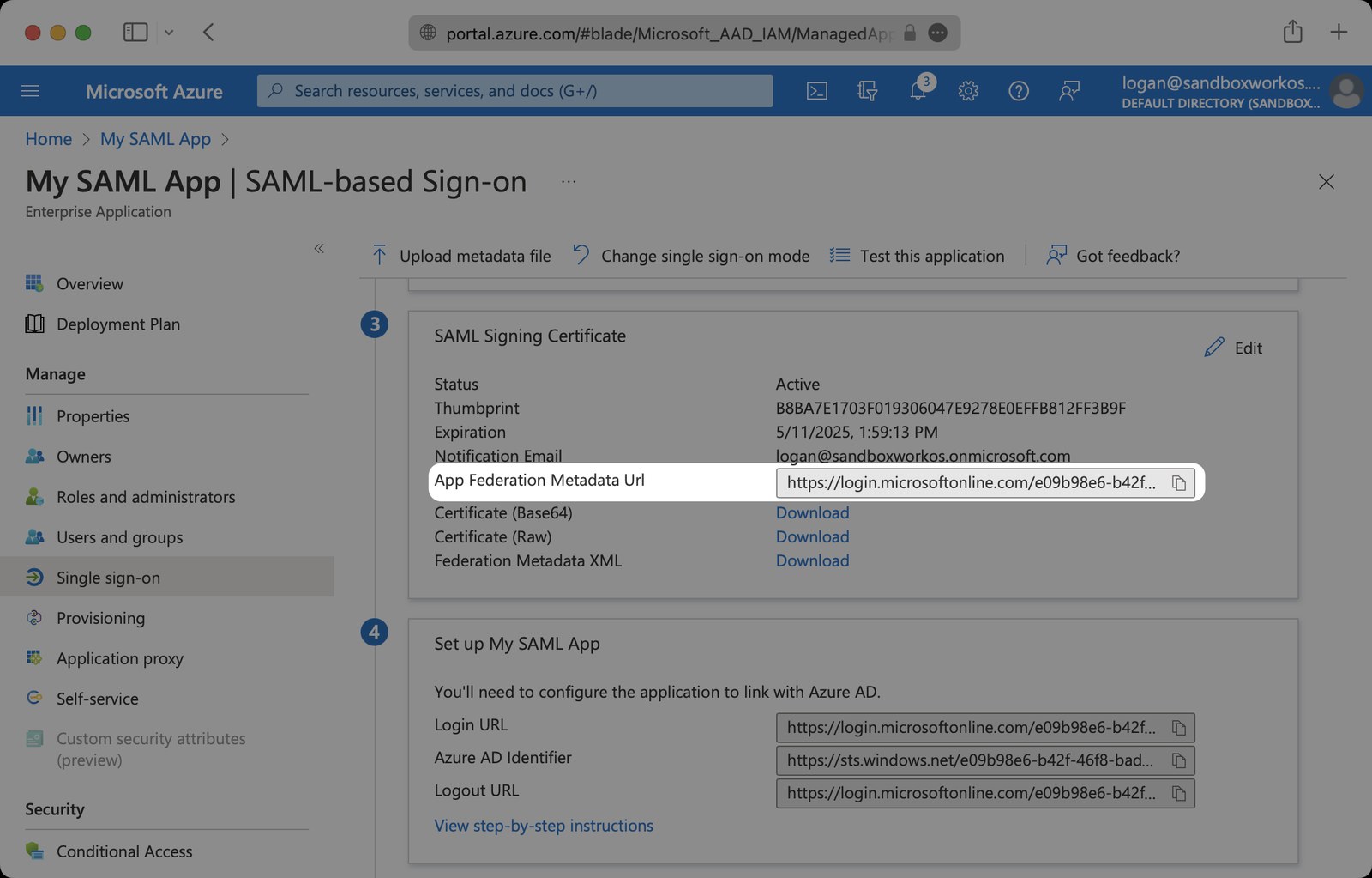 Entra ID, SAML Certificates section, with the App Federation Metadata URL