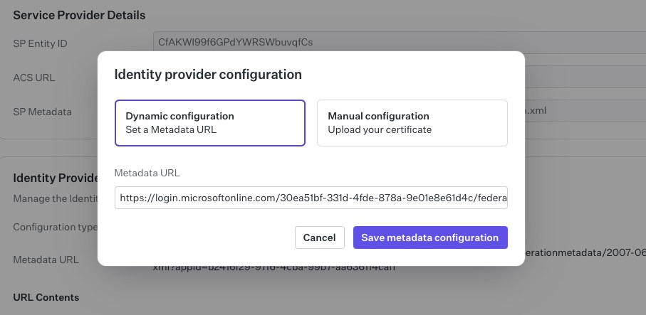 WorkOS, Identity provider configuration, with Dynamic configuration selected and the Metadata URL field
