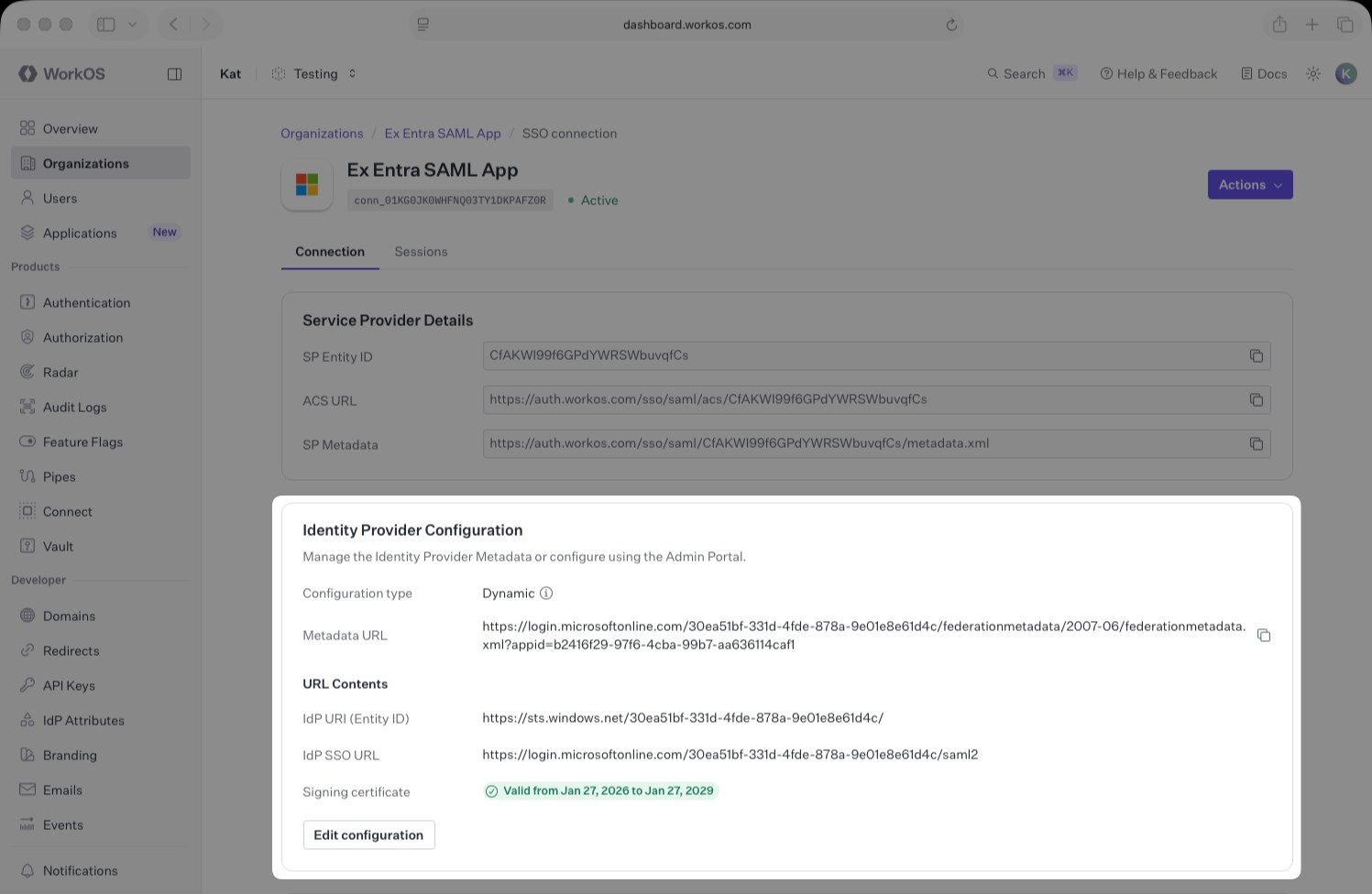 WorkOS connection page after the metadata URL is saved, showing the URL contents and the signing certificate validity