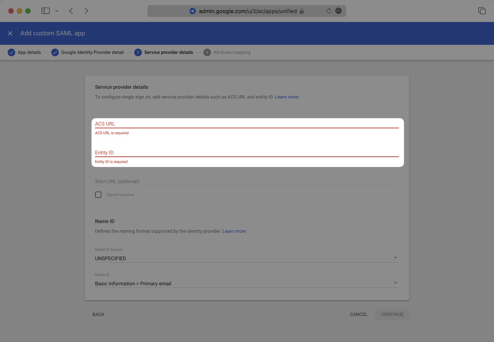 Google Admin, Service provider details, with ACS URL and Entity ID