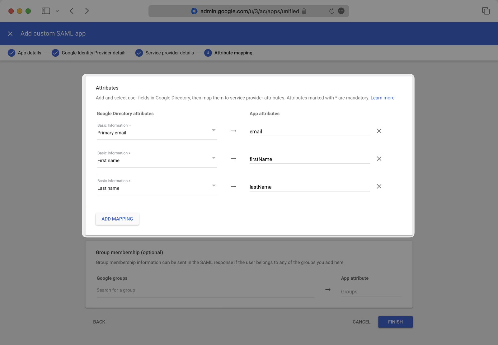 Google Admin attribute mapping: Primary email to email, First name to firstName, Last name to lastName