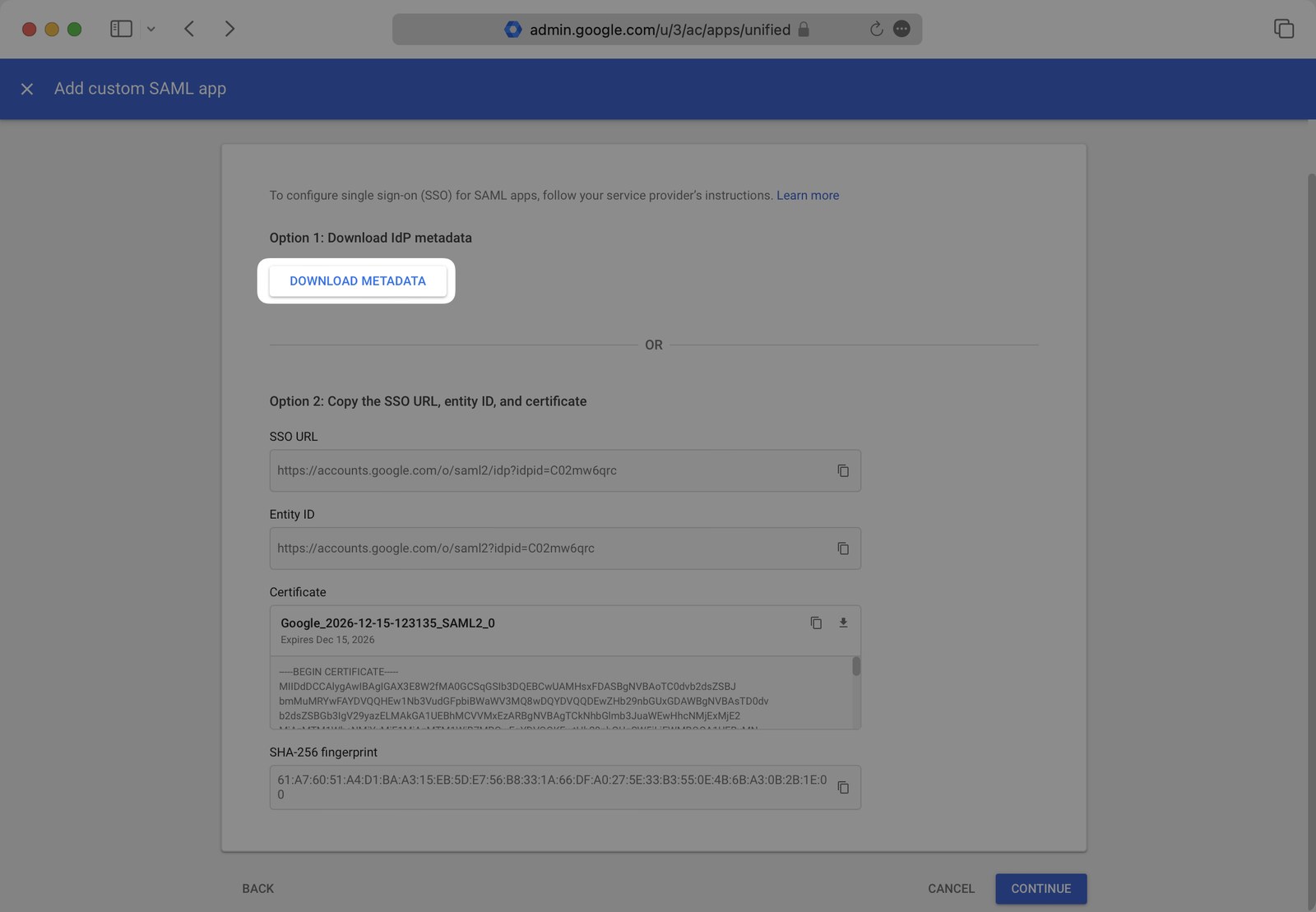 Google Admin, Download Metadata on the Google Identity Provider details step