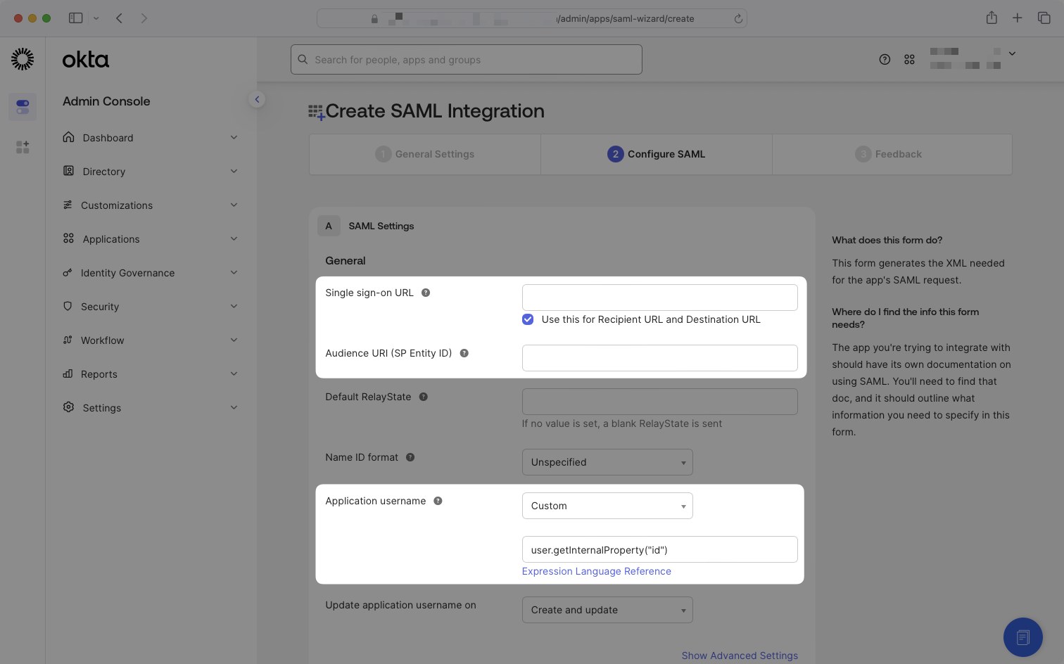 Okta, Configure SAML, with the Single sign-on URL and Audience URI fields