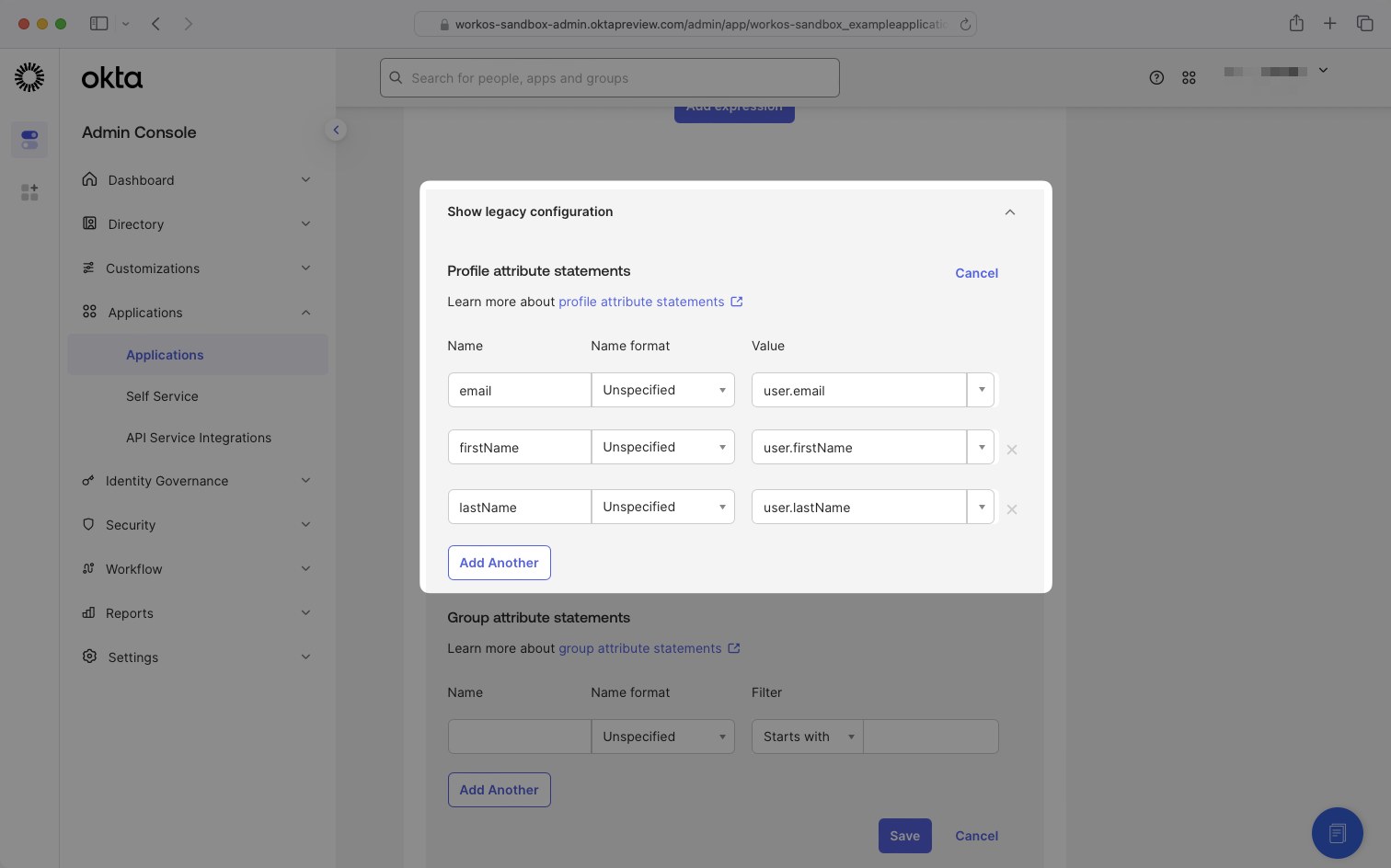Okta attribute statements for email, firstName, and lastName