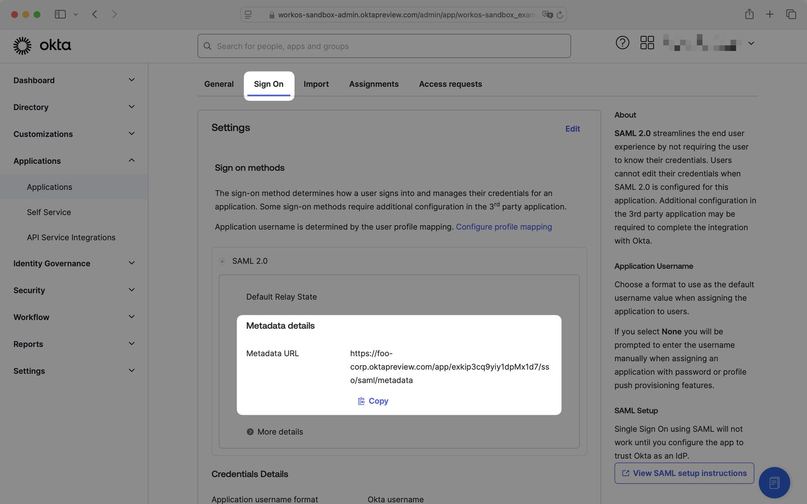 Okta Sign On tab, where the Metadata URL is shown