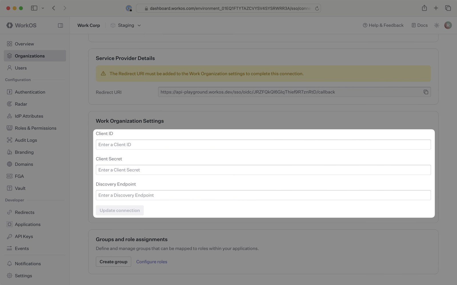 WorkOS OpenID Connect configuration fields: Client ID, Client Secret, and Discovery Endpoint