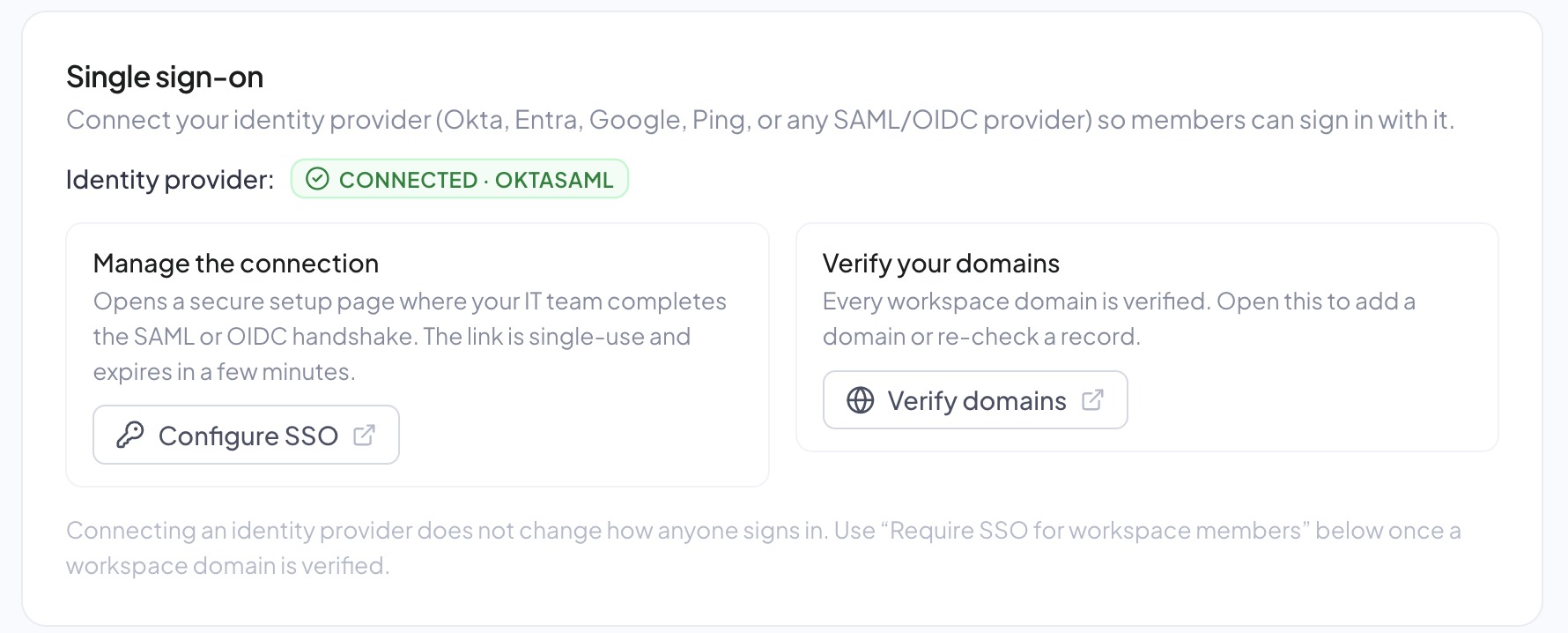 The Single sign-on card after setup: Identity provider Connected with the connection type, and Configure SSO under Manage the connection
