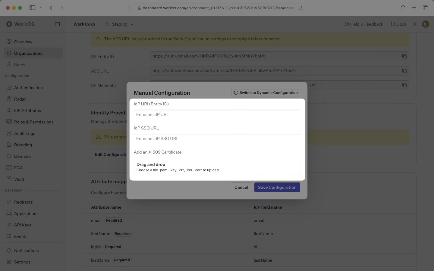 WorkOS Manual configuration for a custom SAML connection: IdP URI, IdP SSO URL, and the X.509 certificate upload