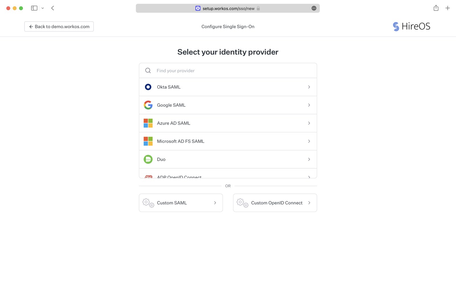The WorkOS portal's Select your identity provider screen, with Okta SAML, Google SAML, Azure AD SAML, Microsoft AD FS SAML, and the Custom SAML and Custom OpenID Connect buttons