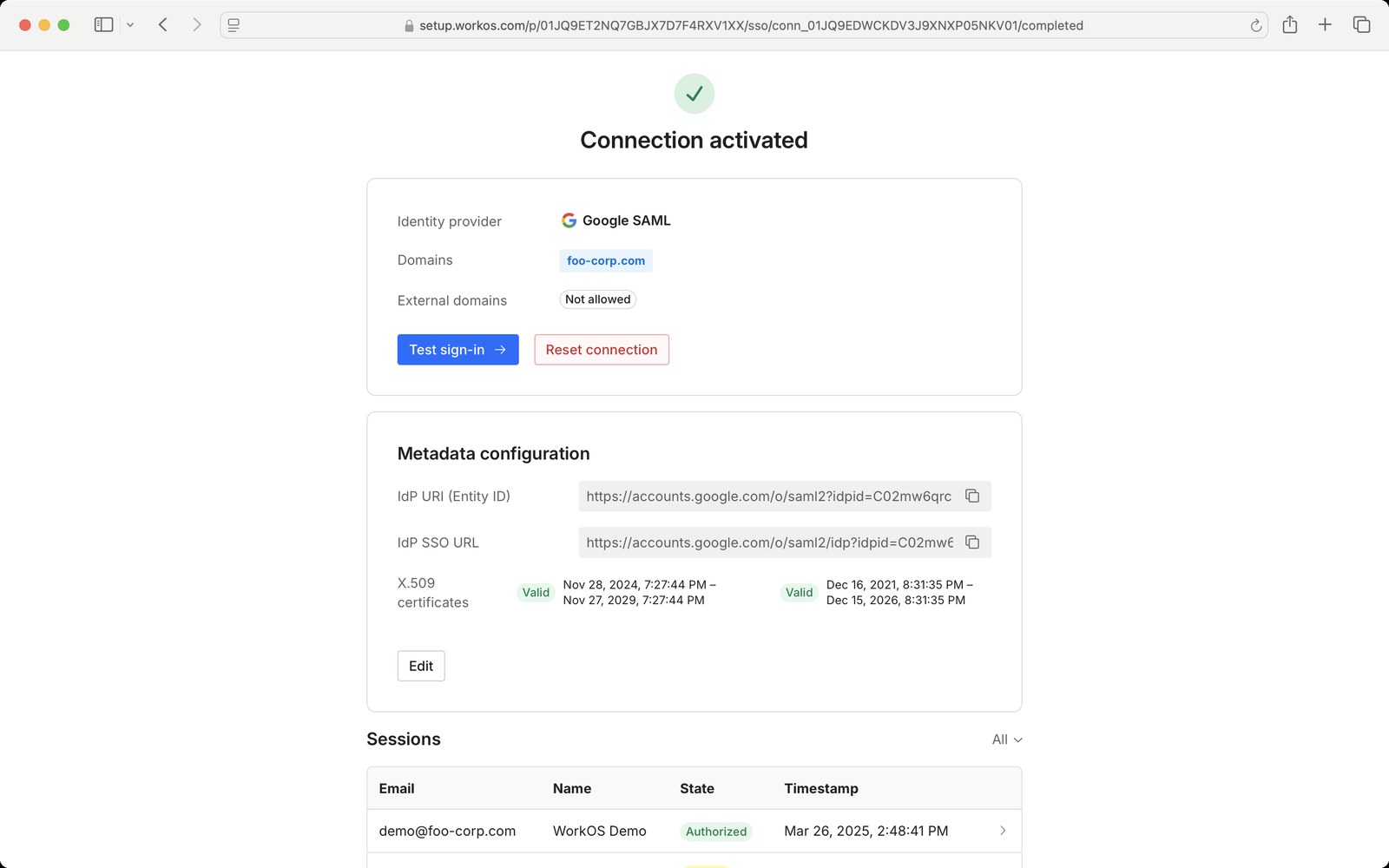 The WorkOS portal's Connection activated screen, with Test sign-in, Reset connection, Metadata configuration, and the Sessions table