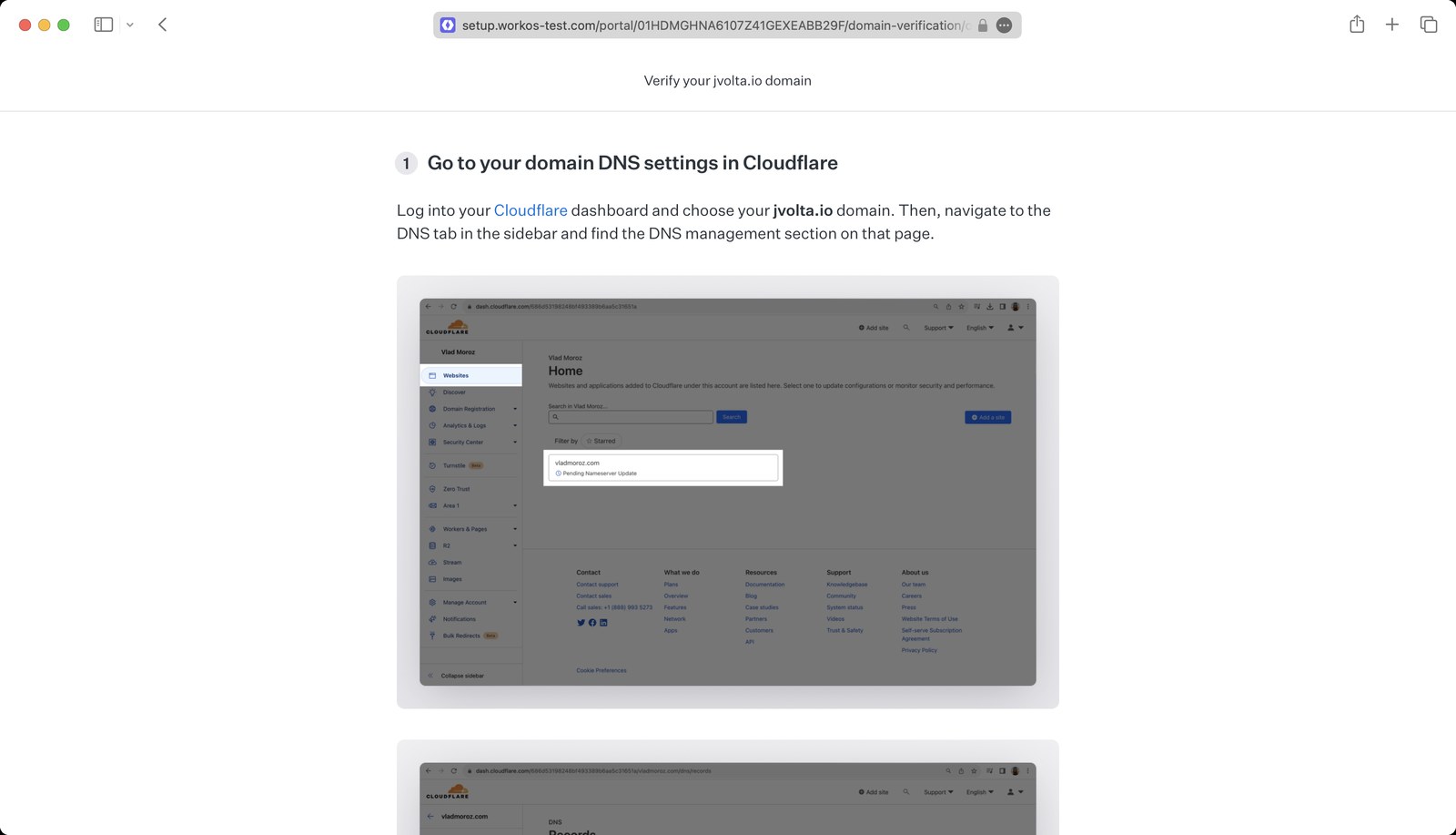The WorkOS domain-verification instructions, tailored to the detected DNS provider
