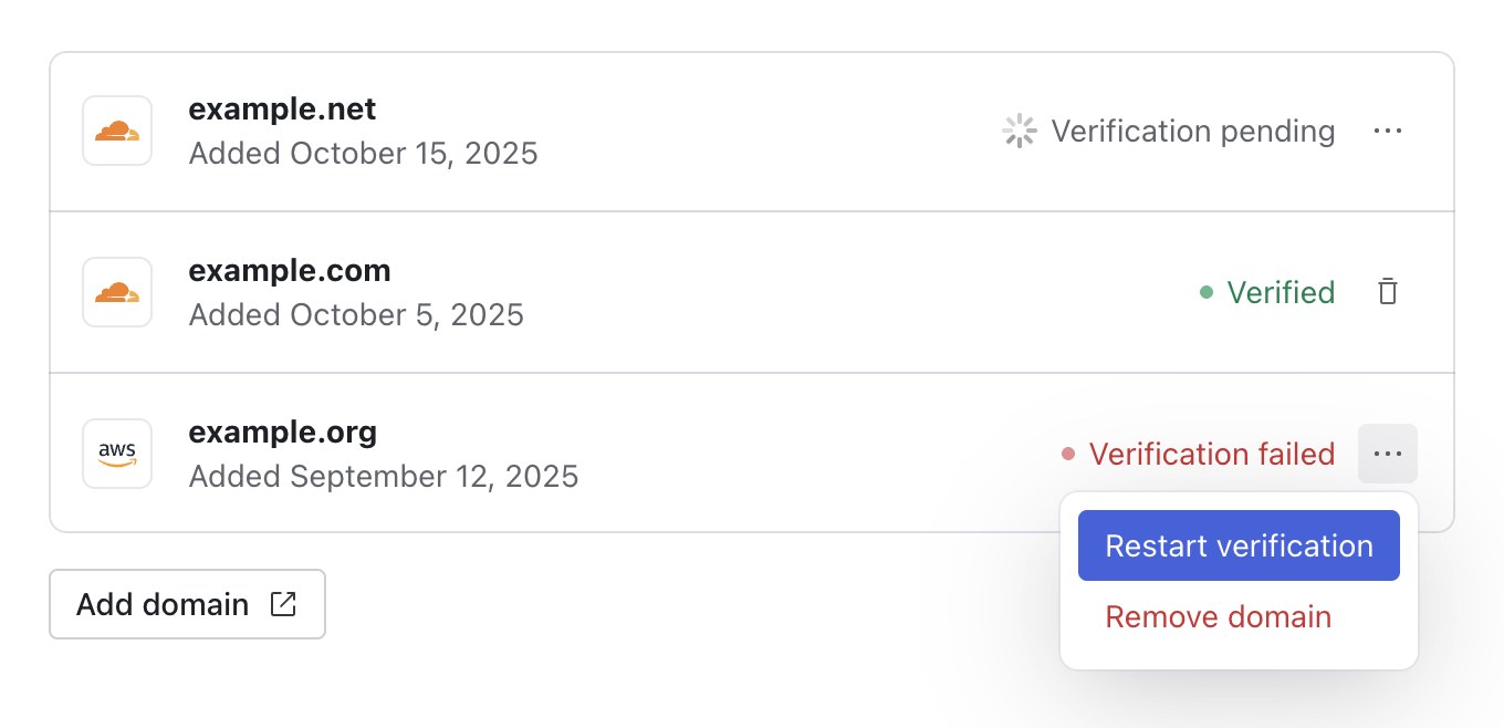 The domain list with the three statuses: Verification pending, Verified, and Verification failed, with the Restart verification and Remove domain menu