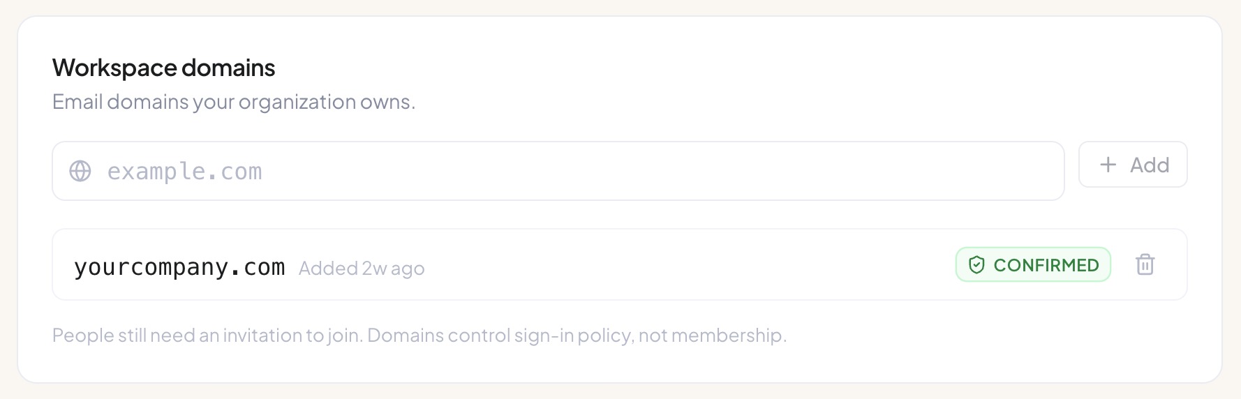 The Workspace domains card with a domain badge reading Confirmed