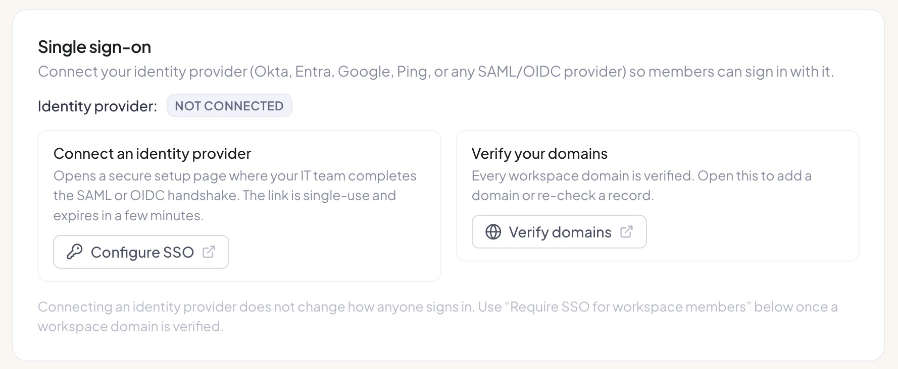 The Single sign-on card before setup: Identity provider Not connected, Configure SSO under Connect an identity provider, and Verify domains