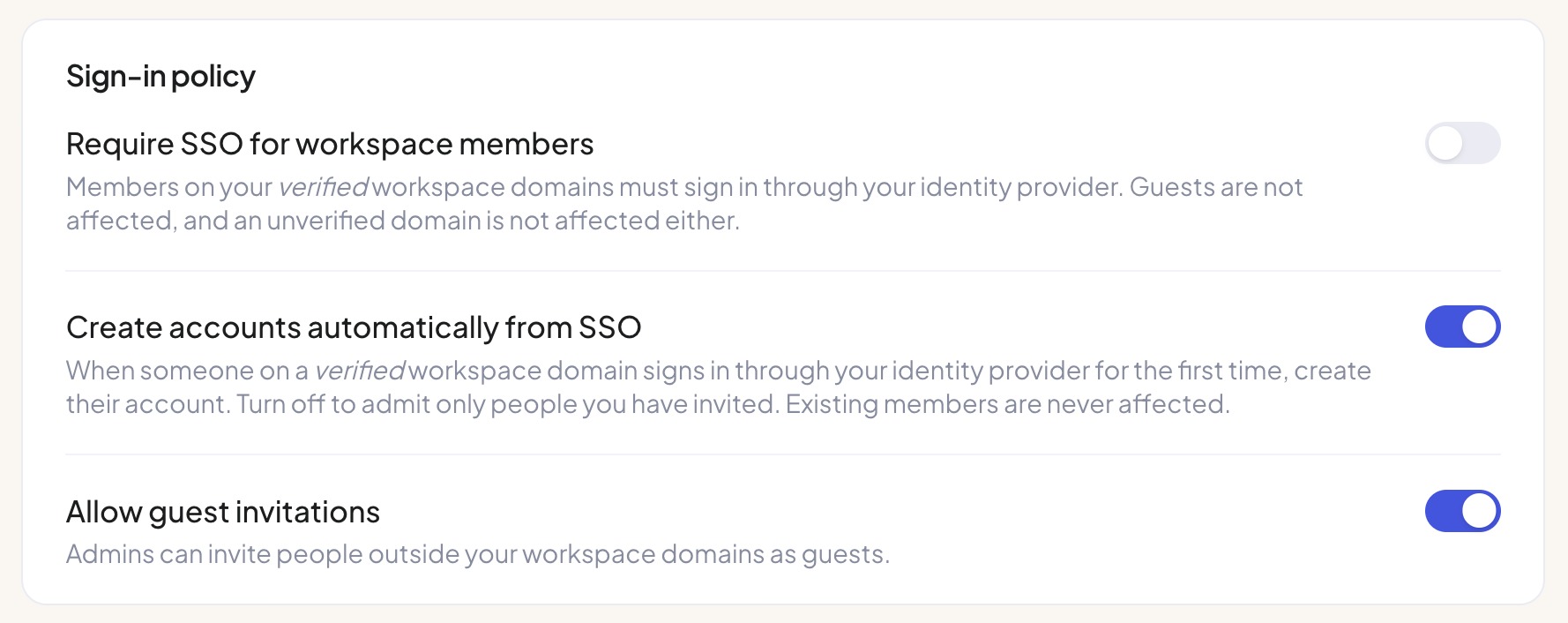 The Sign-in policy card before go-live: Require SSO for workspace members off, Create accounts automatically from SSO on, Allow guest invitations on