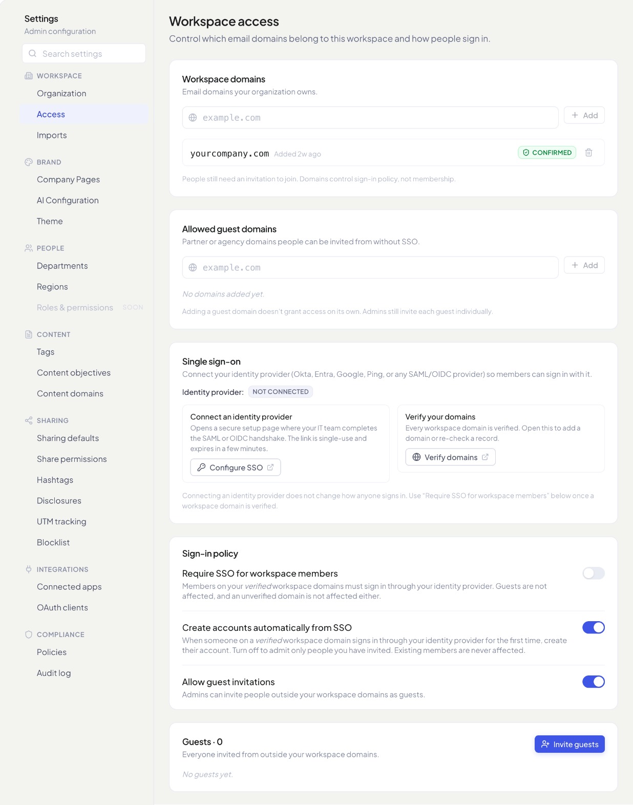 The Access page before SSO is set up: the workspace domain confirmed, the identity provider Not connected, and Require SSO for workspace members switched off