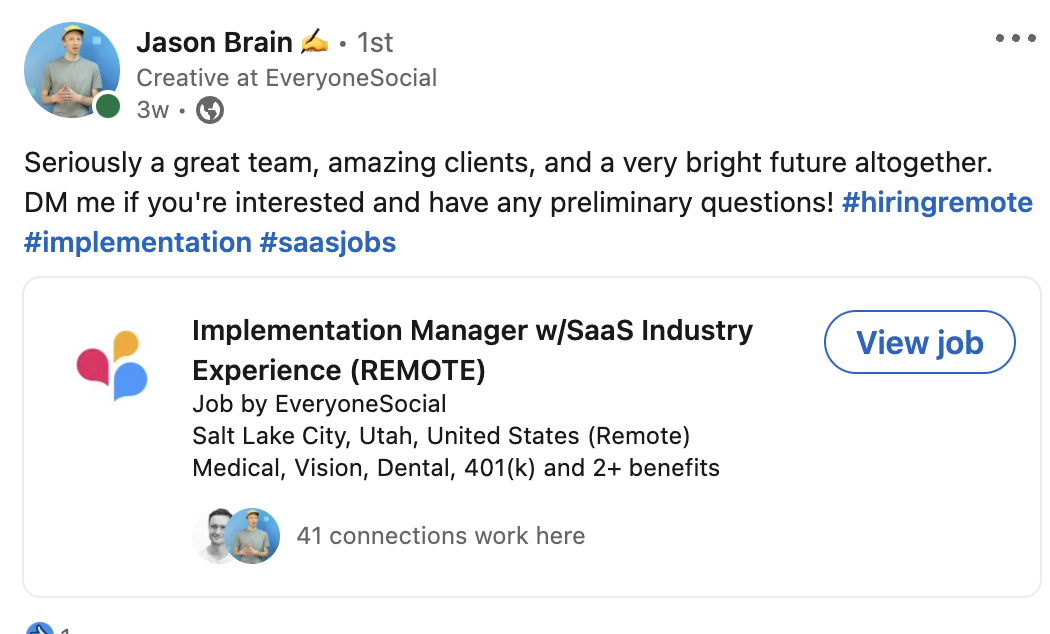 EveryoneSocial job posting example.