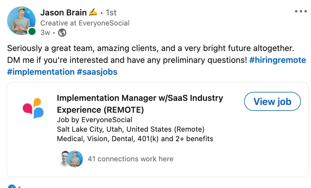 EveryoneSocial job posting example.
