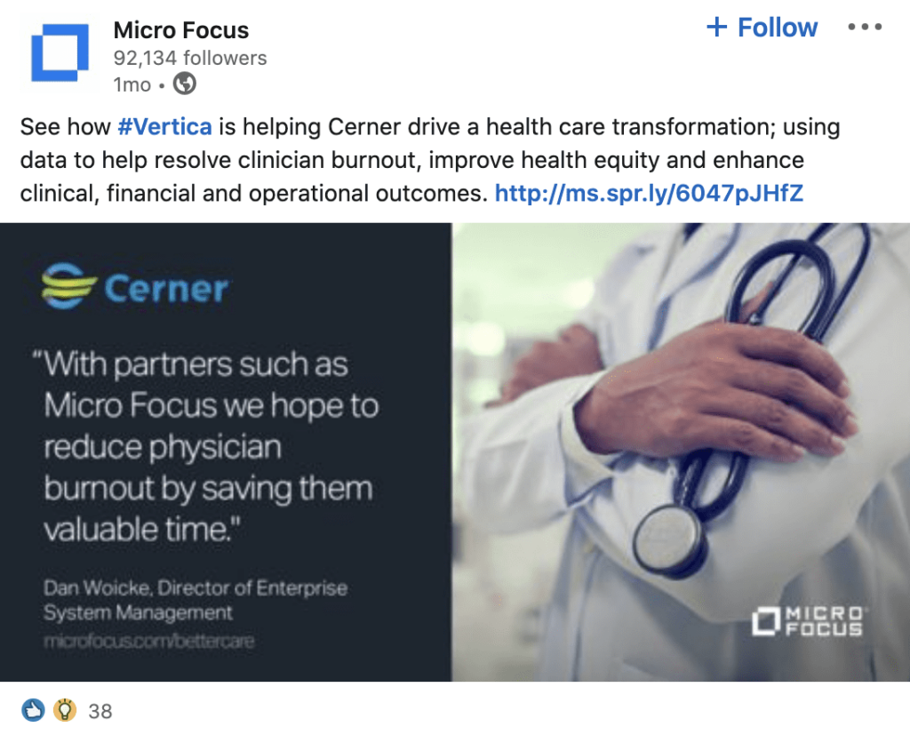 Micro Focus post on LinkedIn about reducing physician burnout