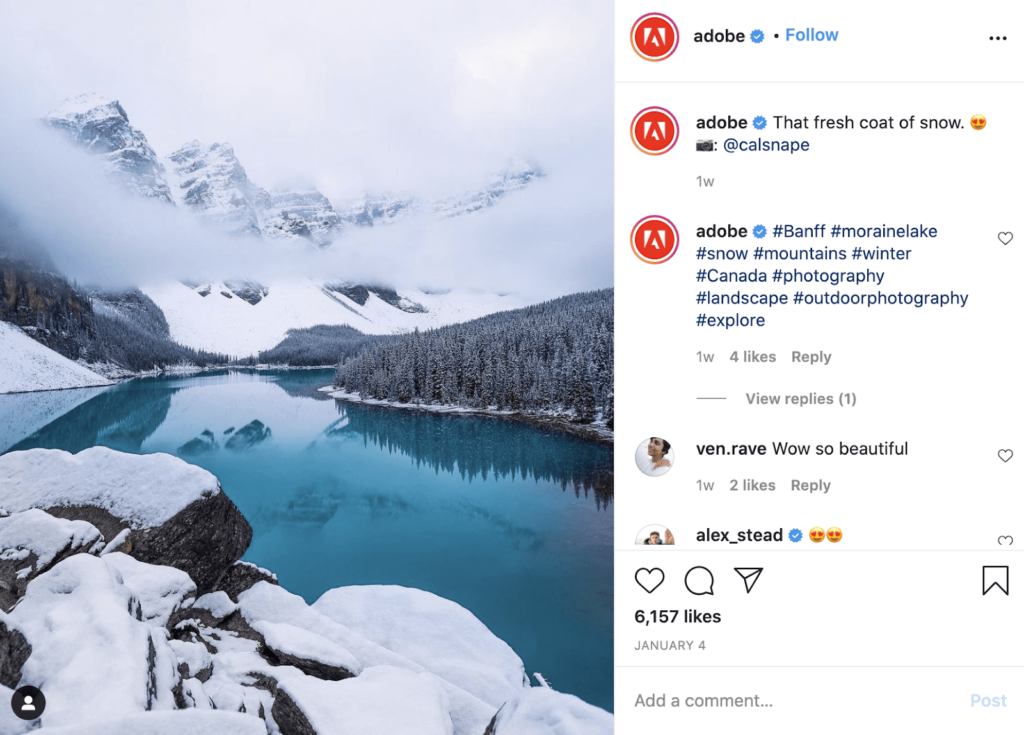 Adobe Instagram B2B example post with snowy mountain and river.