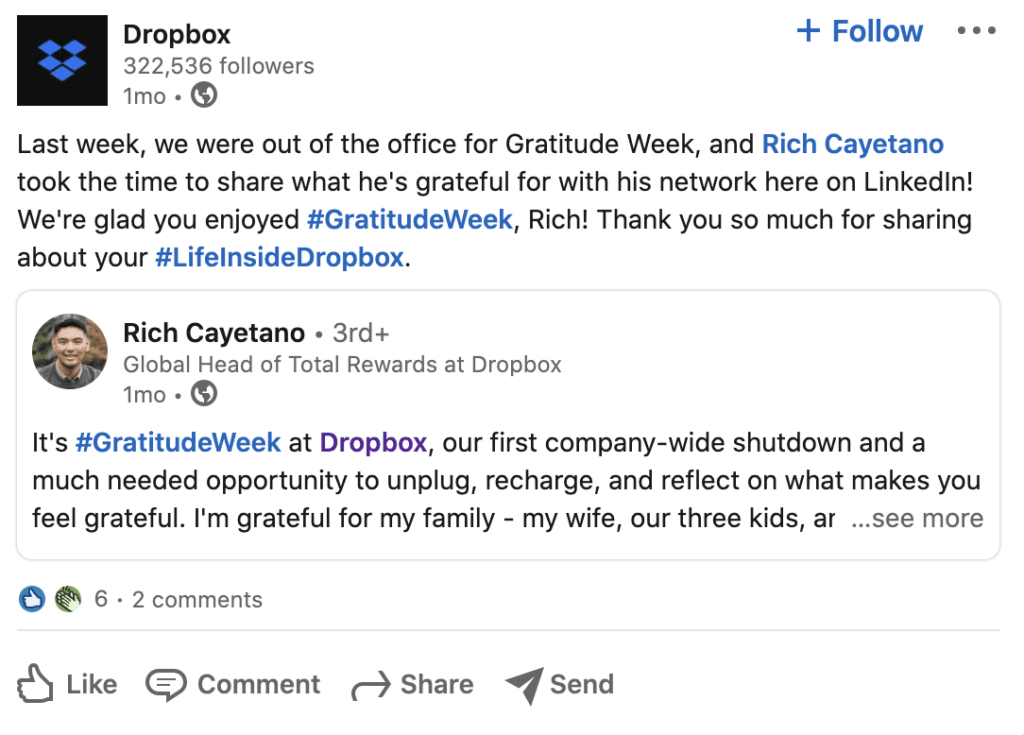 Dropbox post on LinkedIn about employee experience.