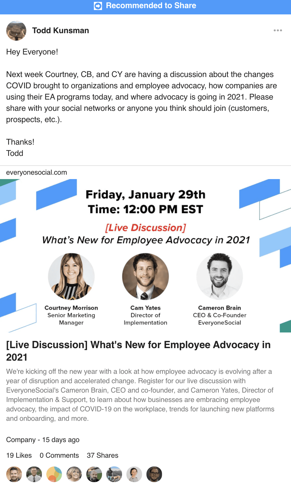 Employee sharing content in EveryoneSocial.
