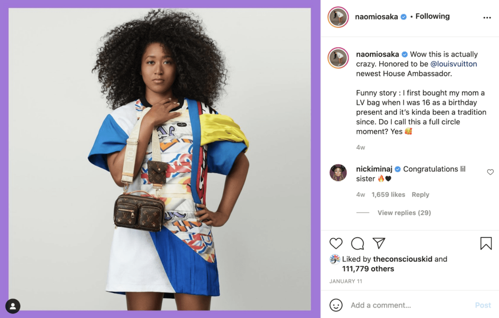 Naomi Osaka instagram post as example of celebrity social media influencer.