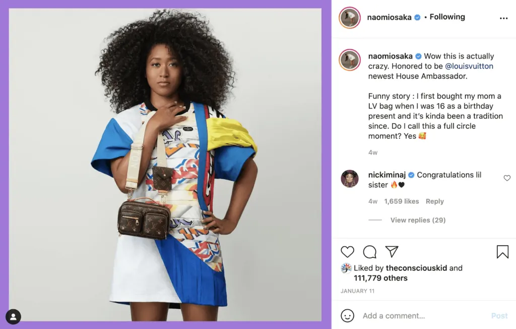 Naomi Osaka instagram post as example of celebrity social media influencer.