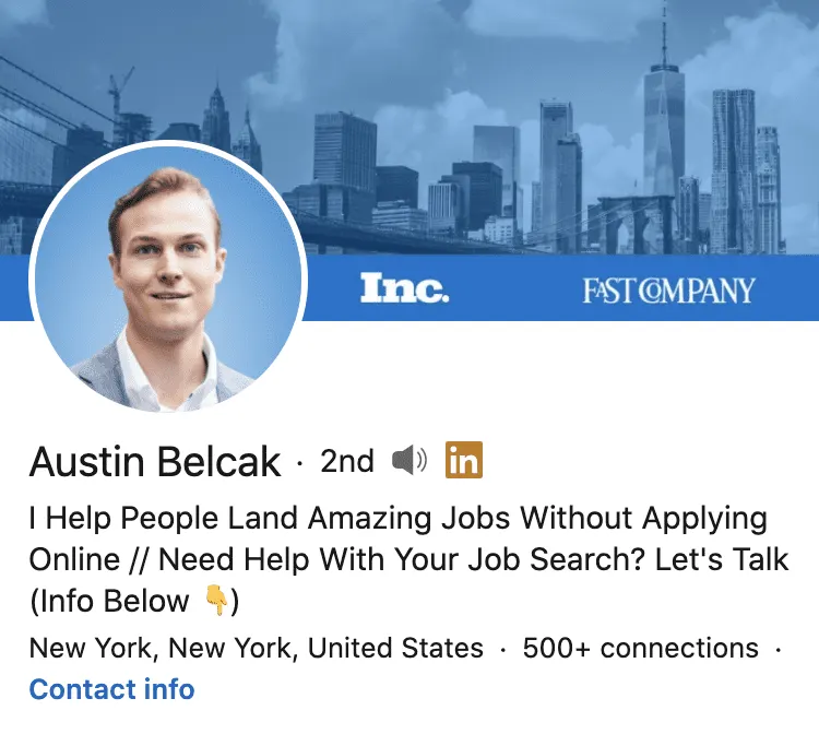 personal brand statement example from Autsin Belcak’s LinkedIn profile