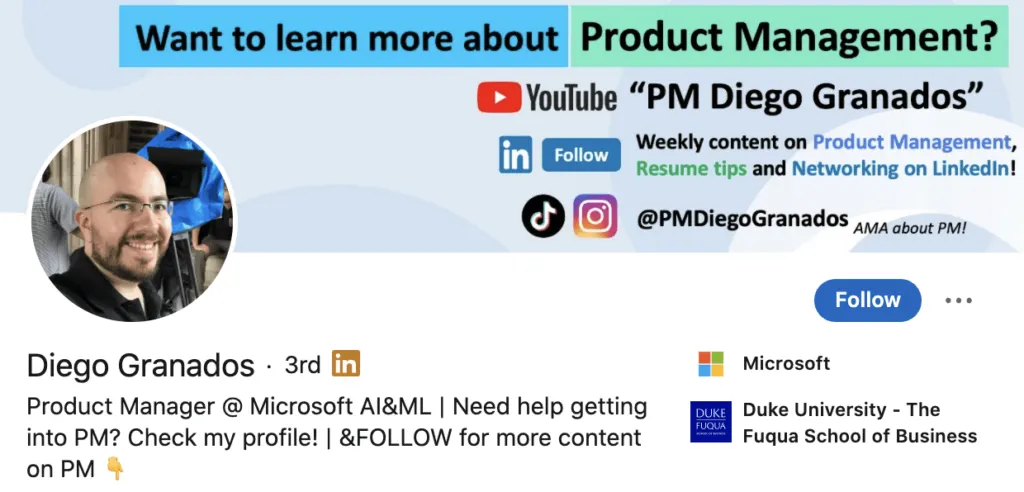 personal brand statement example from Diego Granados’ LinkedIn profile