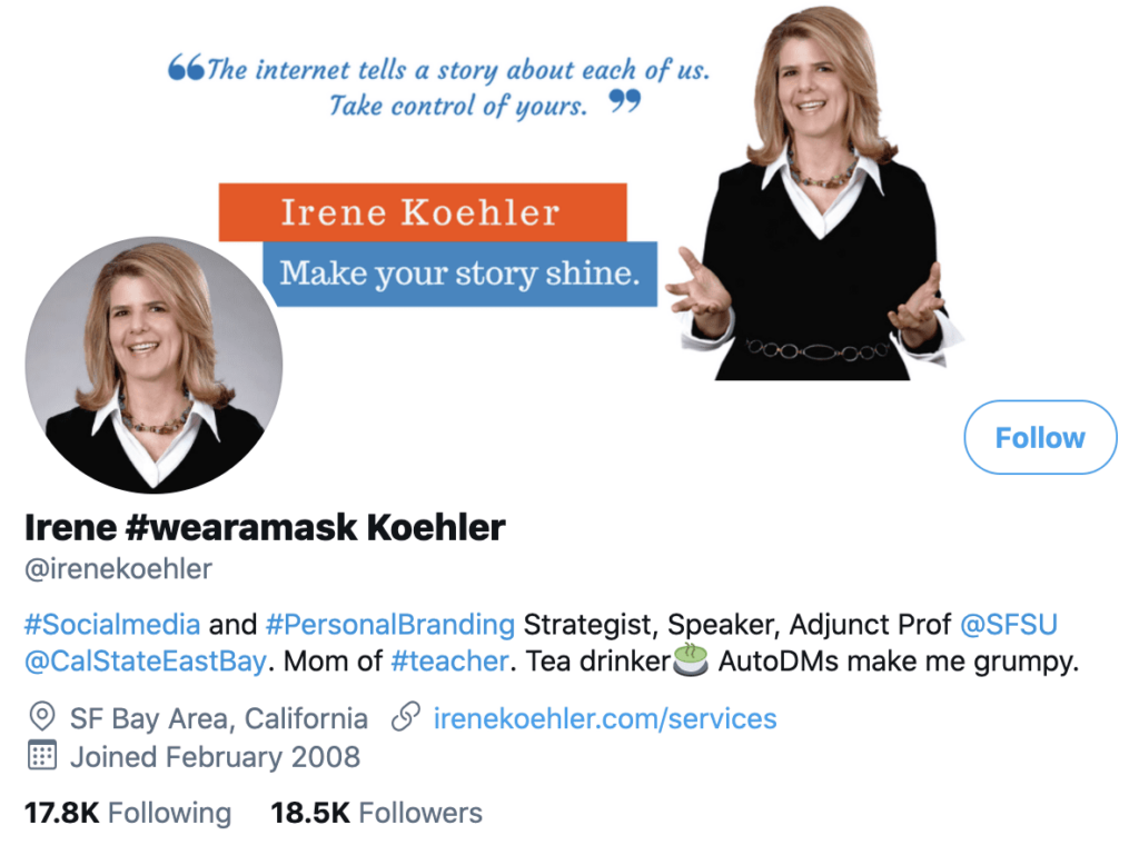 personal brand statement example from Irene Koehler's Twitter profile