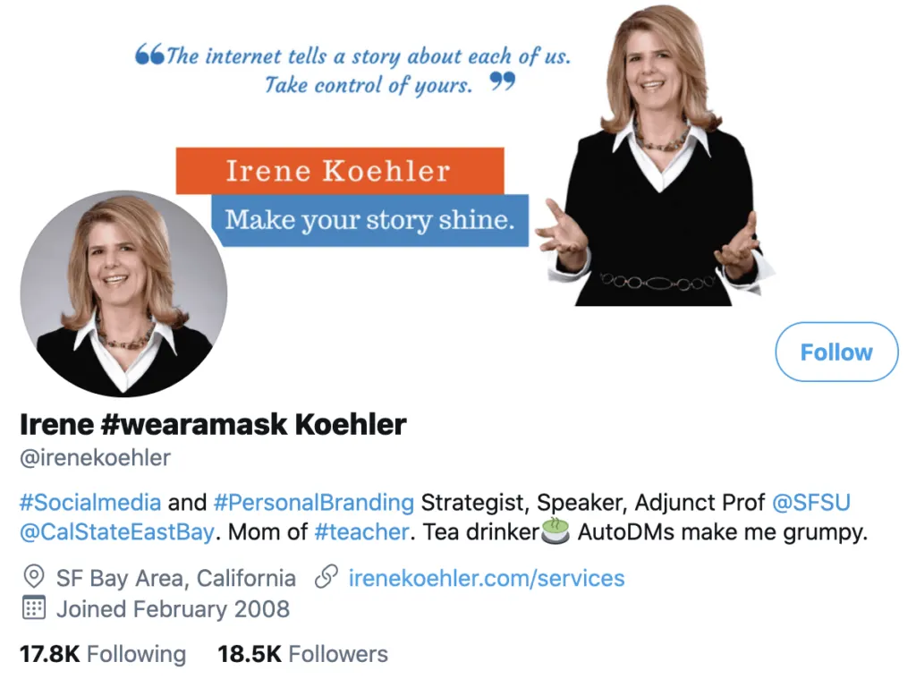 personal brand statement example from Irene Koehler’s Twitter profile