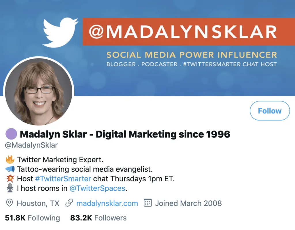 personal brand statement example from Madalyn Sklar’s Twitter profile