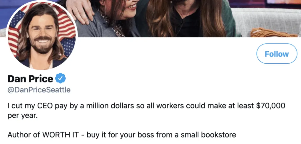 Dan Price’s Twitter bio as a personal brand statement example for leaders