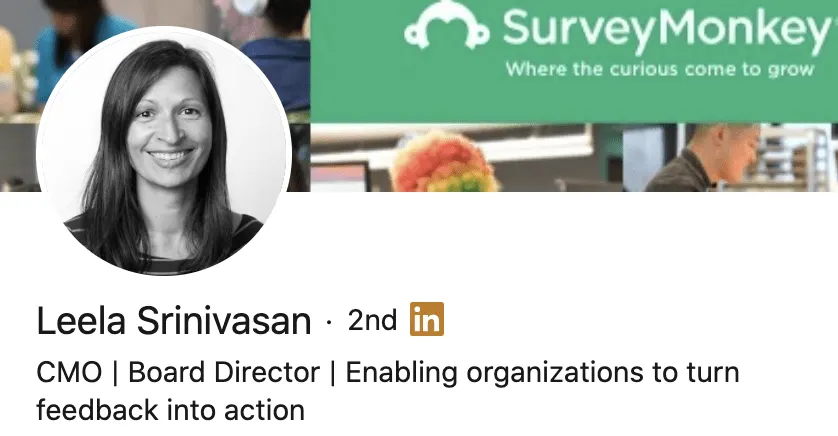 Personal brand statement example from Leela Srinivasan’s LinkedIn profile