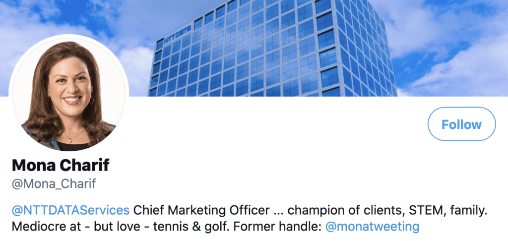 Personal brand statement example from Mona Charif's twitter bio