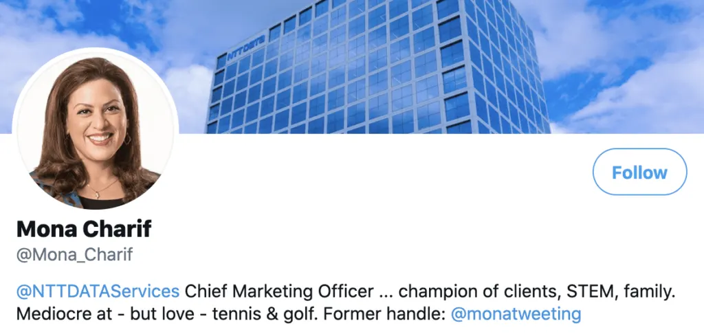 Personal brand statement example from Mona Charif’s twitter bio